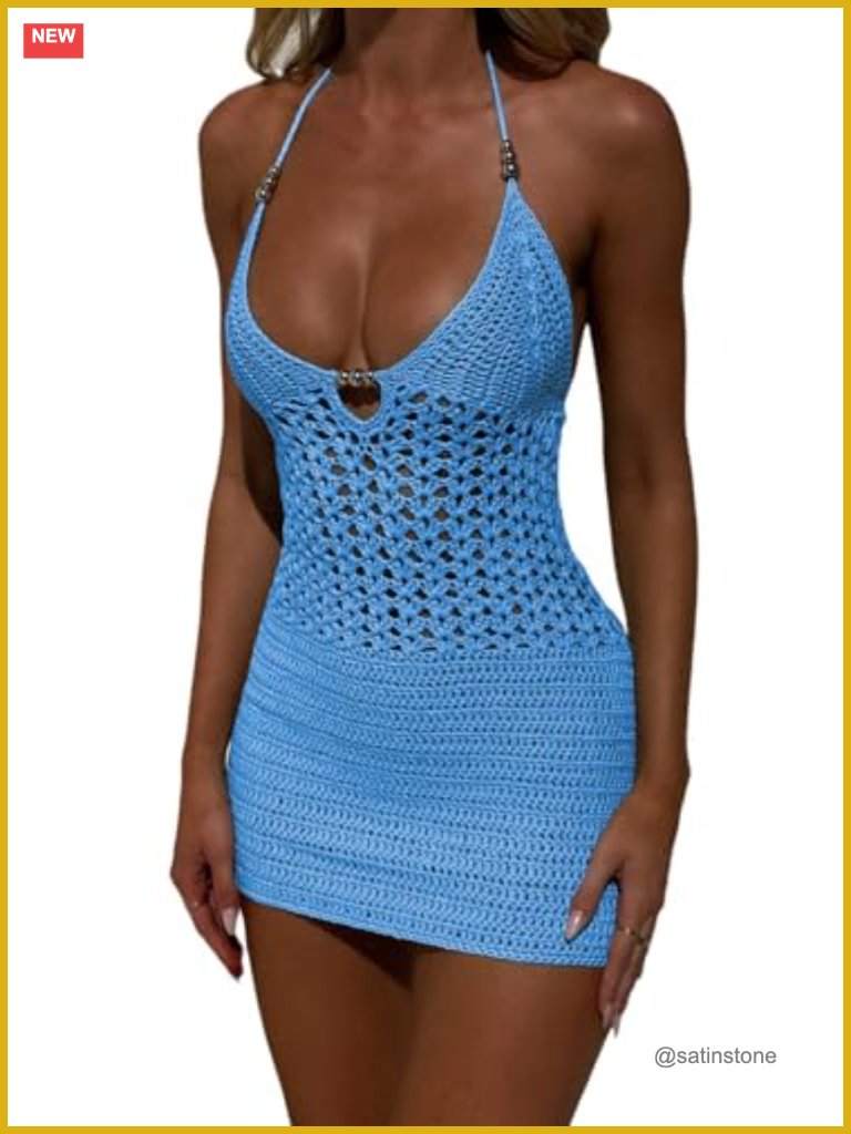 Crochet Halter Backless Swim Cover Up Beach Dress Vacation Outfits